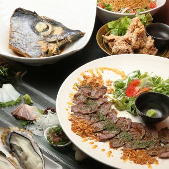【伝の一番人気コース】赤身牛たたき＆刺身＆カブト煮など6～7品＋120分［飲放］⇒5000円(税込)