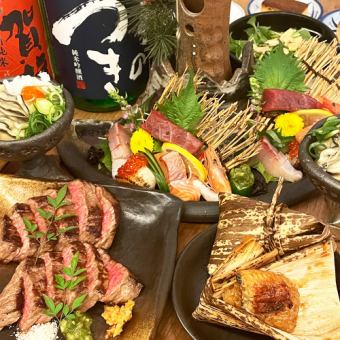 [适合各种宴会]A5和牛牛排和生鱼片套餐120分钟[含无限畅饮]8,000日元