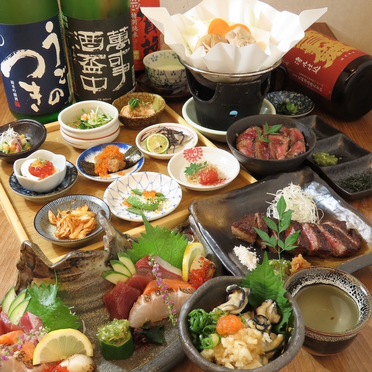 豪華2月コース★【飲み放題別】前菜9種もつ鍋・牡蠣・和牛サーロイン・肉まぶしのコース10000円 | 暫