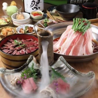 広島観光特別プラン★前菜6種と和牛もつ鍋or炊き肉、名物肉まぶしのコース5000円(飲み放題別)