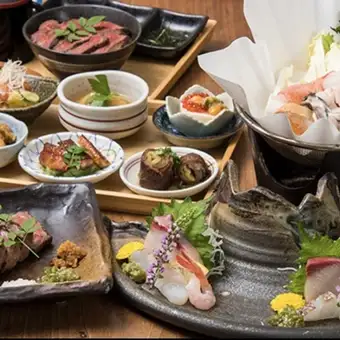 【宴会定番】人気前菜6種と海鮮天ぷら名物ステーキ丼!個別提供で安心の2時間飲放題付5,500円