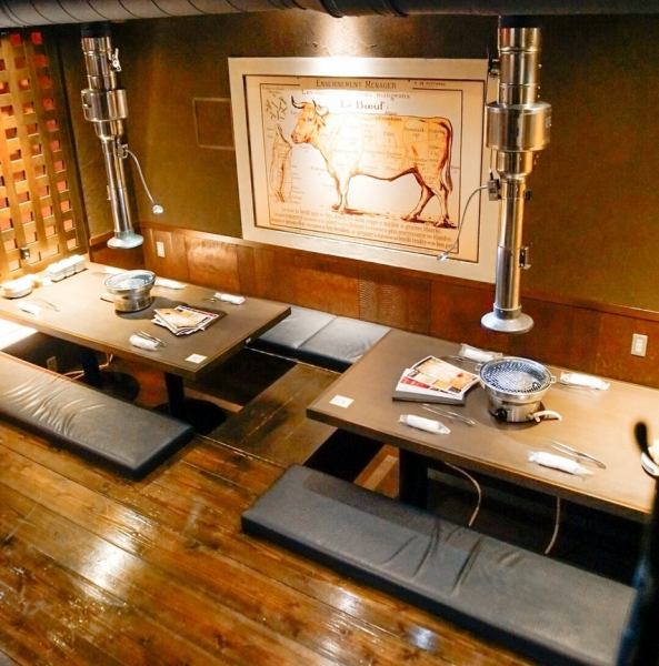 A kotatsu (lit kotatsu) specification that can accommodate up to 20 people.A mural of a cow welcomes you.We will create a one-of-a-kind yakiniku banquet in a stylish space illuminated by warm lighting.Enjoy your precious time away from the hustle and bustle of everyday life with the best hospitality.