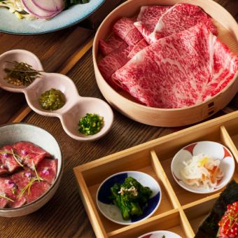 [Yama Warau Specialty Feast: Kuroge Wagyu Shabu-Shabu Course] Includes two types of Kuroge Wagyu beef and the specialty Hitsumabushi Chazuke (eel rice in broth).