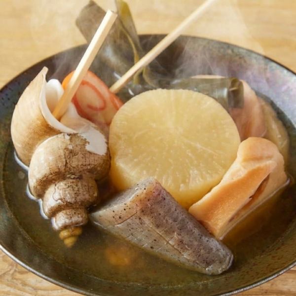 【澄みだし香る"金沢おでん6種盛り】源助大根・赤巻・バイ貝・車麩・こんにゃく・玉子。地酒との相性抜群！