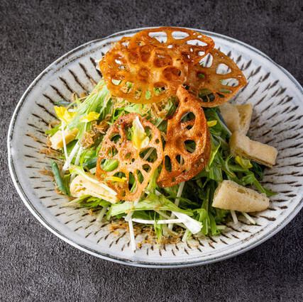 Crispy small sardines and mizuna salad
