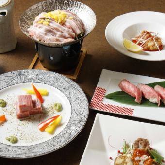 [Meat dish "Jimi Kaiseki"] A total of 8 dishes packed with meat dishes such as horse sashimi, Wagyu beef, Itoshima pork, and local chicken