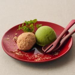 Bite-sized rice balls and matcha ice cream