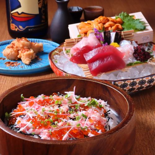 [Year-end Party] Bluefin tuna and sea urchin sashimi / Snow crab and salmon roe rice. Extreme course 7,000 yen / 120 minutes of all-you-can-drink included / 10 dishes