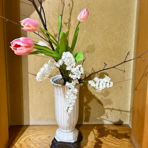 Admire the flower arrangements that change every week.