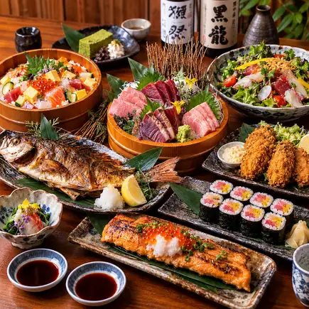 ■3H生付飲み放題『凪コース』マグロ五種盛りと広島産カキフライ全9品5500円⇒4500円