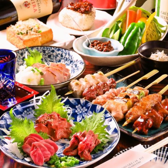 We have sashimi and skewers of Kai Shingen chicken cooked at a low temperature!