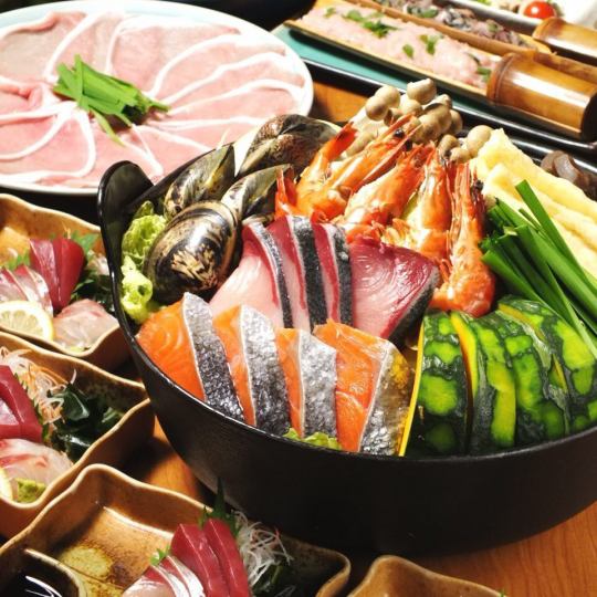 [Our top recommendation! 4,800 yen course with 2 hours of all-you-can-drink chanko hotpot] 6 dishes including 3 kinds of sashimi and sushi, 5,300 yen ⇒ 4,800 yen