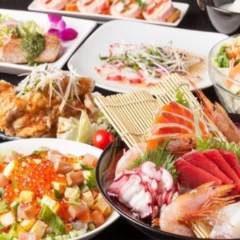 Most popular ★ Hanamizuki course 5000 yen ★ 10 dishes including tuna sashimi, cold rare steak of tuna and scallops, and seafood chirashi sushi