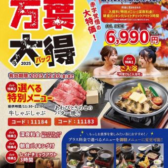《期間限定》【万葉大得!朝までゆったりパック】6,990円！赤字覚悟の大特価！最大26時間滞在可能