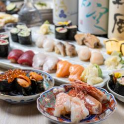[握壽司] 藍鰭鮪魚、真鯛、鮭魚、琥珀魚、竹莢魚、比目魚、醃鯖魚、章魚、魷魚、扇貝、鳥蛤、海膽