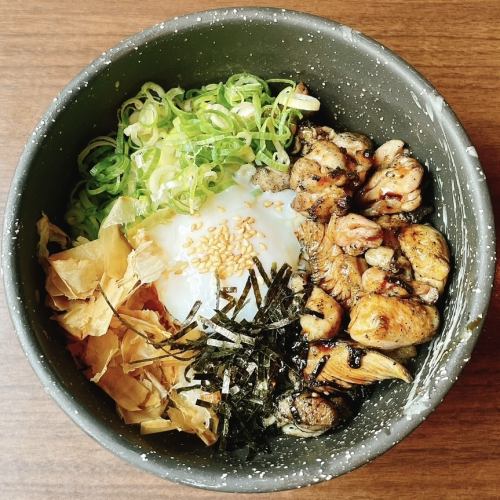 Yakitori rice bowl topped with soft-boiled egg