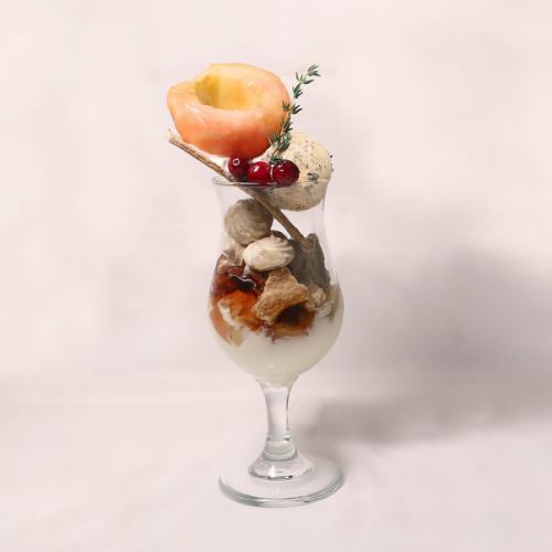 Seasonal parfait, Eton Mess style, with peaches and black tea