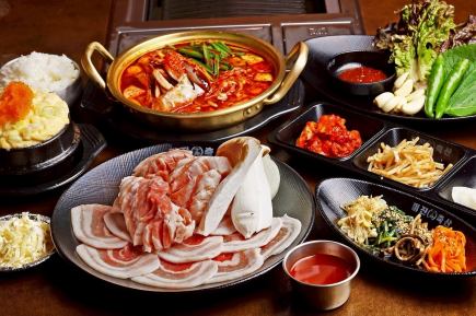 【2時間通常飲み放題付】花咲き＆薄切りのWサムギョプサルと渡り蟹チゲまで！贅沢派コース