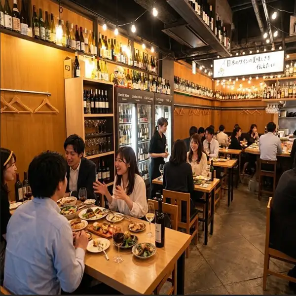 我們致力於只使用日本製造的產品來製作飲品，特別是我們精選的約 120 種來自日本各地酒莊的葡萄酒，與我們的菜餚搭配起來非常美味。我們提供寬敞的餐桌。請充分利用我們熱鬧的空間，舉辦各種活動，例如宴會、酒會、女生聚會等等。請您在我們精心佈置的環境中，品嚐來自日本各地的精選葡萄酒，以及當季的日本食材！