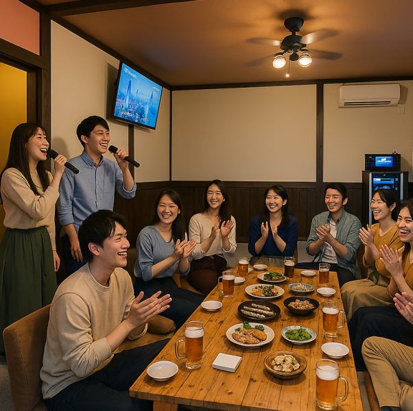 2階座敷カラオケパーティーDAM導入しました。美味しい料理とお酒を楽しみながらカラオケが出来ます。17時から22時まで歌い放題で無料でご利用いただけます。ご利用は事前予約が必要です。タブレットから簡単オーダーできるので、注文もスムーズ！豊富なメニューを画面でゆっくり選べて、お酒や料理の追加もラクラク♪
