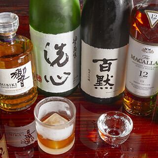 日本酒、焼酎、ウイスキー、ワインなどお酒の種類も豊富