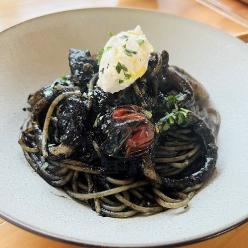 Squid ink pasta with Sicilian anchovies and ricotta