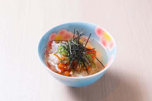 Chazuke with Japanese dashi (plum, grilled rice ball, chanja, salted fish) each