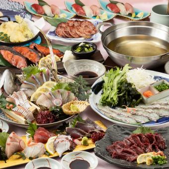 春宴【富士】鯛魚涮鍋、活魷魚、瘦馬生魚片等，壓軸的是特色壽司套餐（含120分鐘無限暢飲）