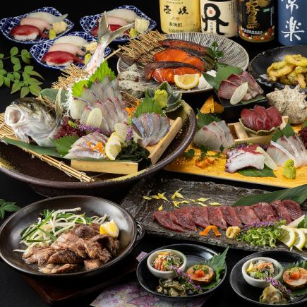 Winter Banquet [Hiiragi] Special course of salted beef tongue, live squid, horse meat sashimi, 5 kinds of carefully selected sashimi, and sushi (2 hours all-you-can-drink included)