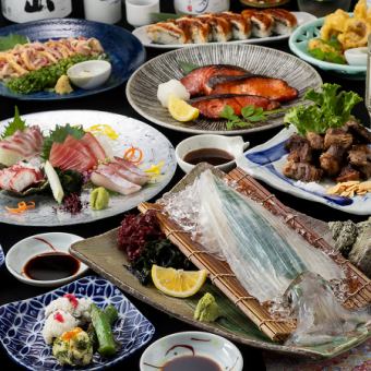 夏宴会【祇園(ぎおん)】活イカや親鶏たたき、刺身4種や鰻押し寿司など特選《120分飲み放題付》