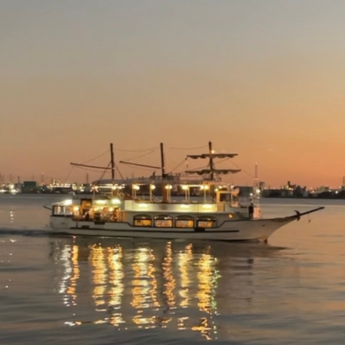 夜景を眺めるクルーズ船