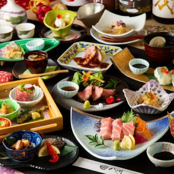 <Big Banquet> Sashimi of tuna cross-section and Kyushu Kuroge Wagyu beef bite steak ◇ Nabe fig tree wind moon course ◇ 2 hours luxury all-you-can-drink