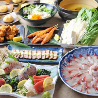 [All-you-can-drink included] Yellowtail shabu-shabu hotpot, bluefin tuna, fresh fish, duck, grilled shrimp, fried monkfish...Enjoyment course