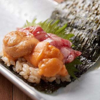 Yamashiro beef roasted sirloin and raw sea urchin hand-rolled sushi