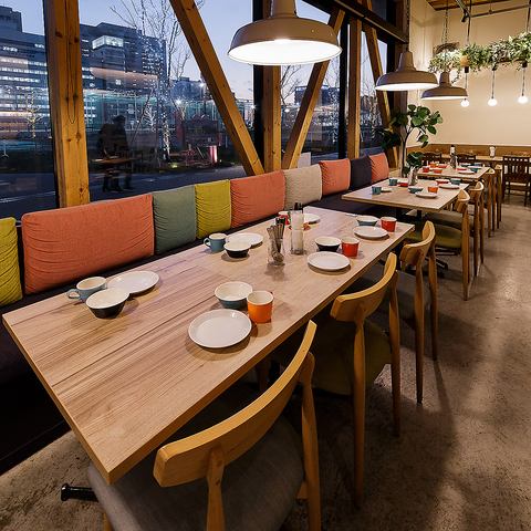 At night, it's lit up and creates a great atmosphere. Enjoy your meal in an open seating area.
