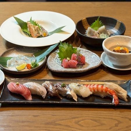 【晚餐●鳶尾花套餐】可以享用時令小菜、握壽司、湯、甜點的方案。