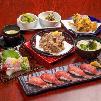 Available only from Sunday to Thursday! 2 hours of all-you-can-drink without draft beer, 5 Miyazaki beef nigiri sushi and 4 Hyuga Nada platter for 3,500 yen! Draft beer is included for an additional 500 yen!