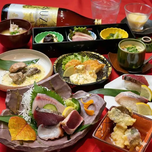 安心一人一皿歓送迎会!日向灘4店盛と豚バラ炭火焼、ちきん南蛮コース+生ビール付2H飲放4,000円(税込)