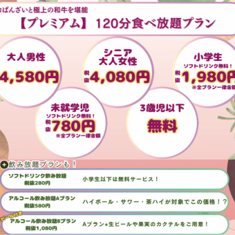 【高級套餐】120分鐘無限暢食！成年男性 4,580 日圓（不含稅）成年女性及老年人 4,080 日圓/見照片