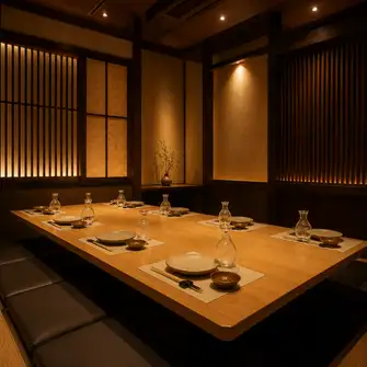 落ち着いた和の趣を感じる、和モダンな店内。木の温もりと柔らかな照明が心地よい空間を演出します。ゆったりと寛げるテーブル席で、お食事やお酒を楽しみながら、落ち着いたひとときをお過ごしください。