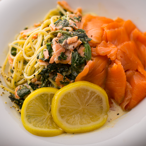 Lemon cream pasta with salmon and spinach