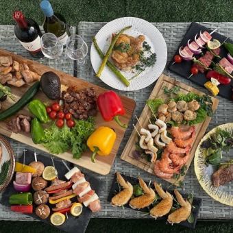 ☆テラスバーベキュー【海鮮付プラン】心斎橋プールサイドテラスで大満足BBQ◎肉に海老やホタテ