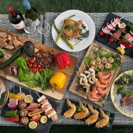 ☆テラスバーベキュー【海鮮付プラン】心斎橋プールサイドテラスで大満足BBQ◎肉に海老やホタテ