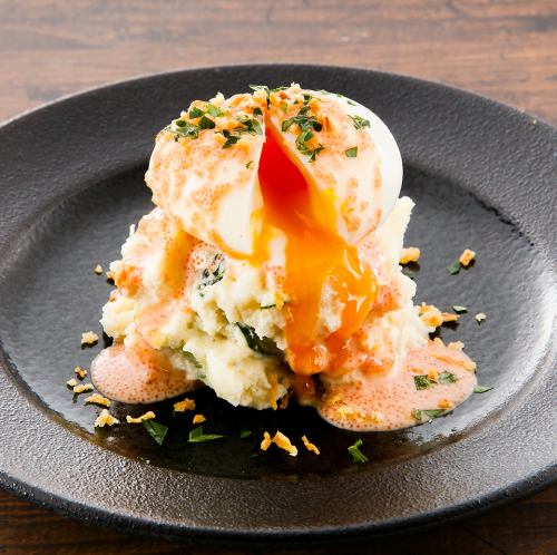 Potato salad with mentaiko sauce and soft-boiled egg