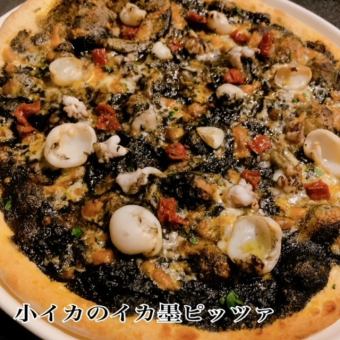 Squid ink pizza with small squid