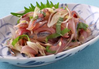 Horse mackerel sashimi, seared, sesame