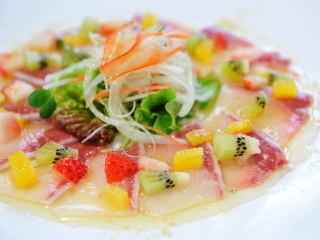 White fish, salmon carpaccio