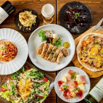 熊本県産大阿蘇鶏のステーキ、ピザ等全7種+2時間飲み放題 4000円(税込)
