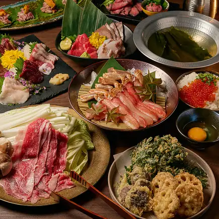 【特選しゃぶしゃぶ】馬刺し&ズワイ蟹！和牛と牛タンの贅沢しゃぶしゃぶコース【3時間飲み放題】
