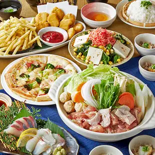【彩の宴】地鶏つくねと若鶏の鶏白湯鍋や刺身盛合せ・揚物やピザ等8品＋2H飲み放題付4000円